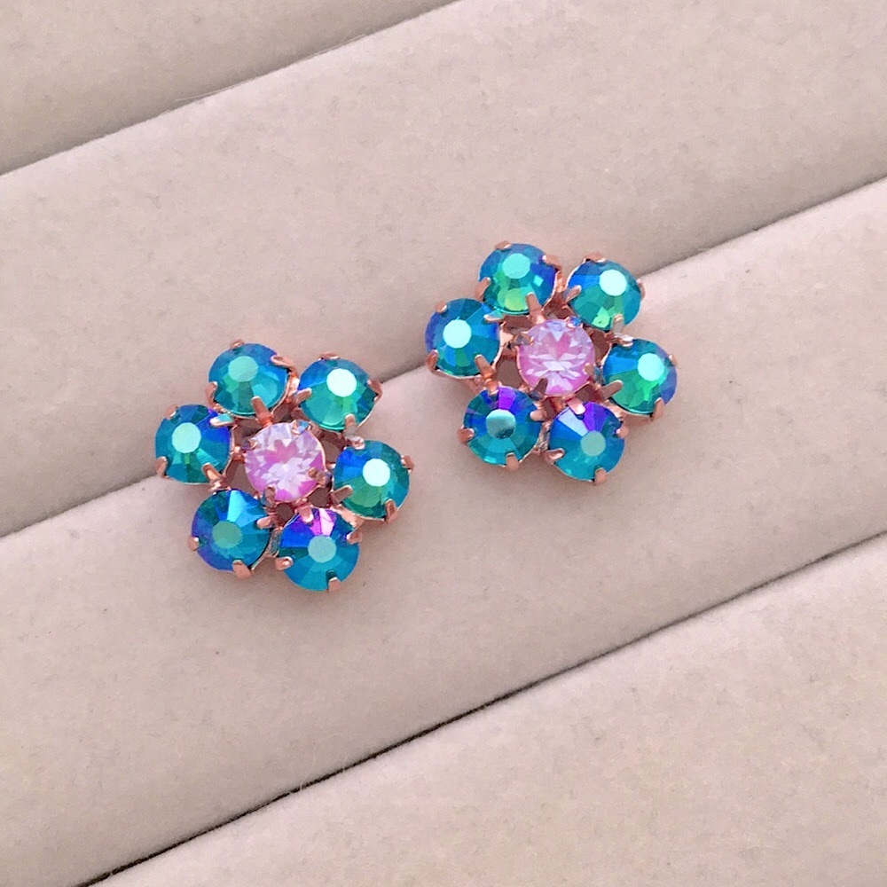 Aquamarine Violet AB + Lilac Purple Opal Rose Gold Crystal Flower Earrings